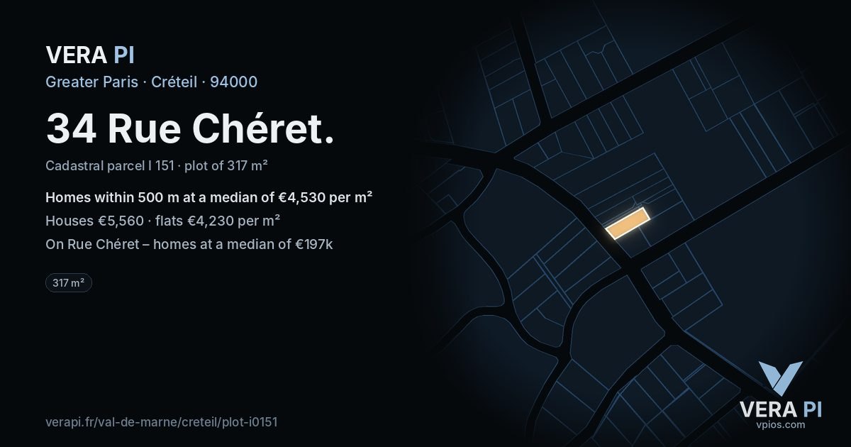 34 Rue Chéret, Créteil at night – the plot lit, the parcels around coloured by the prices near them