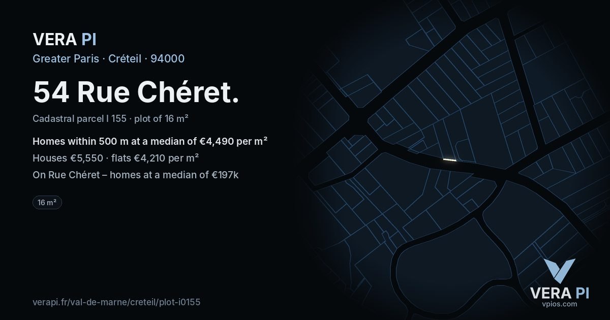 54 Rue Chéret, Créteil at night – the plot lit, the parcels around coloured by the prices near them