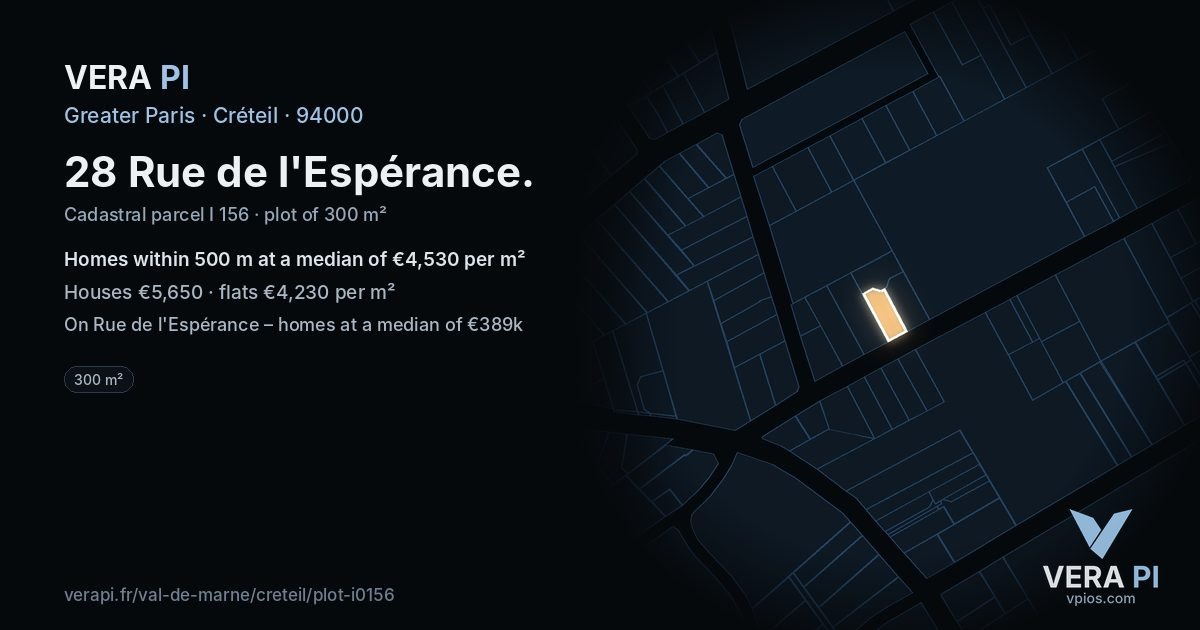28 Rue de l'Espérance, Créteil at night – the plot lit, the parcels around coloured by the prices near them