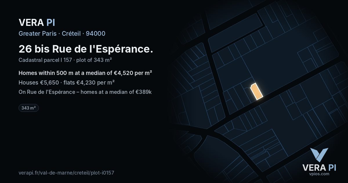 26 bis Rue de l'Espérance, Créteil at night – the plot lit, the parcels around coloured by the prices near them