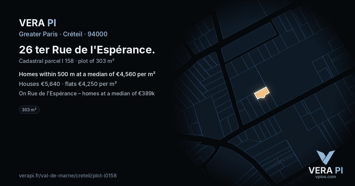 26 ter Rue de l'Espérance, Créteil at night – the plot lit, the parcels around coloured by the prices near them