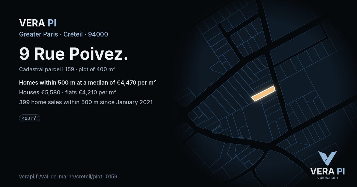 9 Rue Poivez, Créteil at night – the plot lit, the parcels around coloured by the prices near them