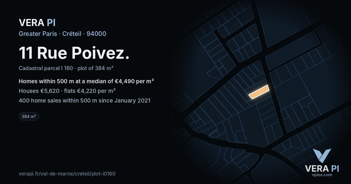 11 Rue Poivez, Créteil at night – the plot lit, the parcels around coloured by the prices near them