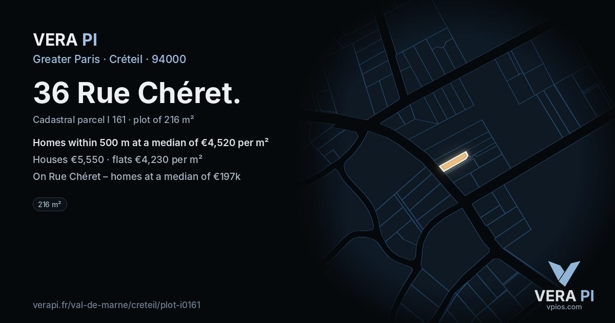 36 Rue Chéret, Créteil at night – the plot lit, the parcels around coloured by the prices near them