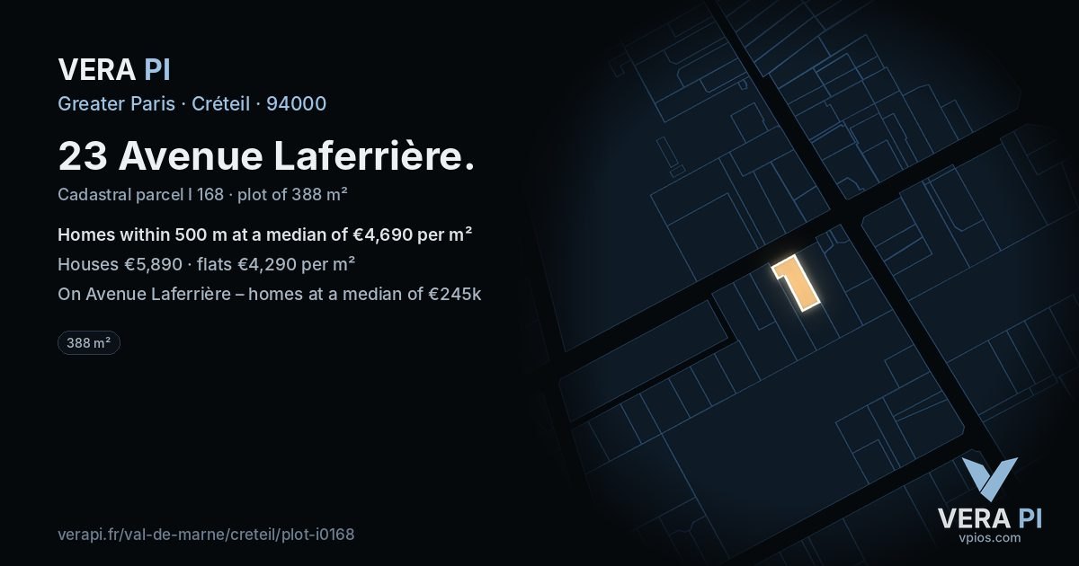 23 Avenue Laferrière, Créteil at night – the plot lit, the parcels around coloured by the prices near them