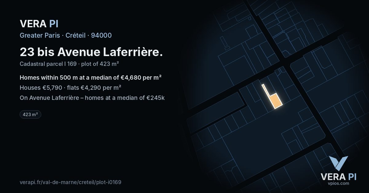 23 bis Avenue Laferrière, Créteil at night – the plot lit, the parcels around coloured by the prices near them