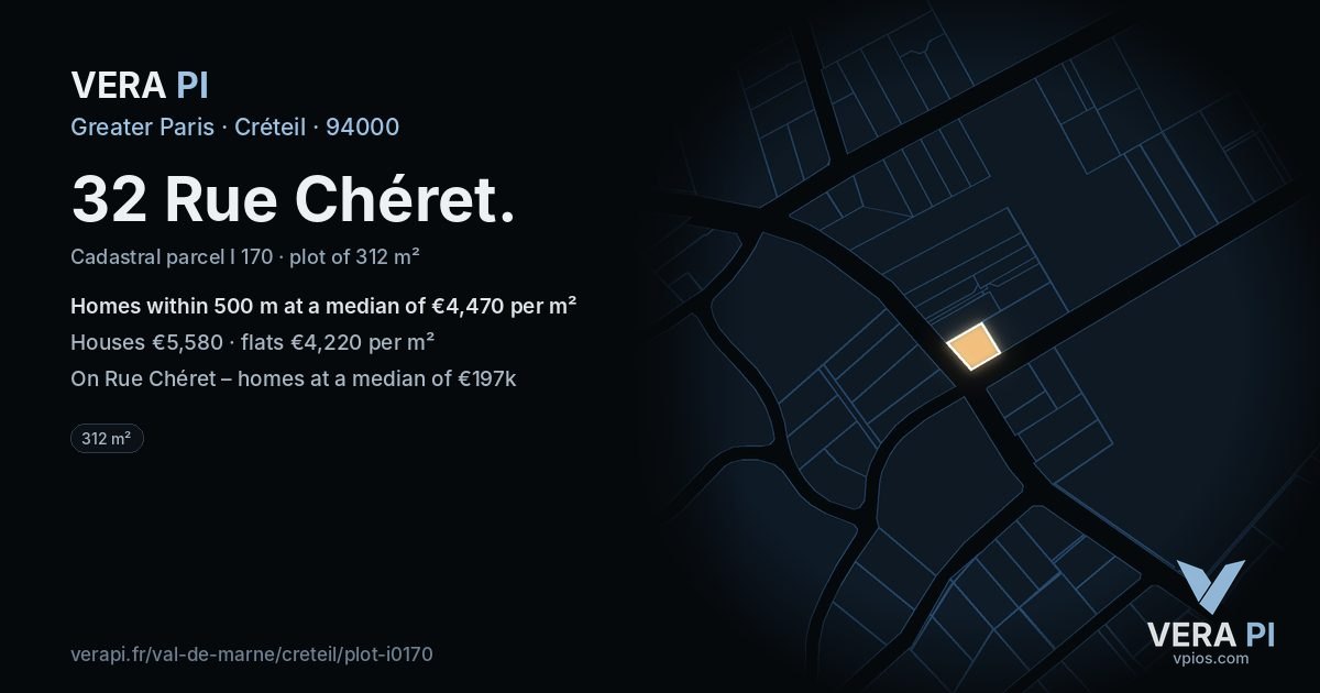 32 Rue Chéret, Créteil at night – the plot lit, the parcels around coloured by the prices near them