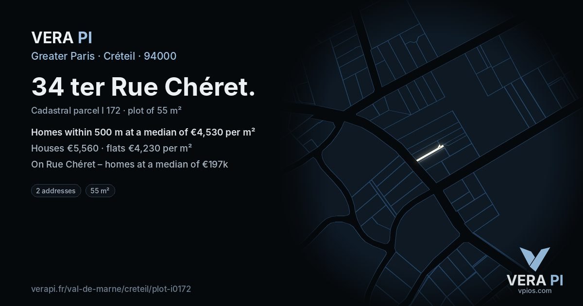 34 ter Rue Chéret, Créteil at night – the plot lit, the parcels around coloured by the prices near them