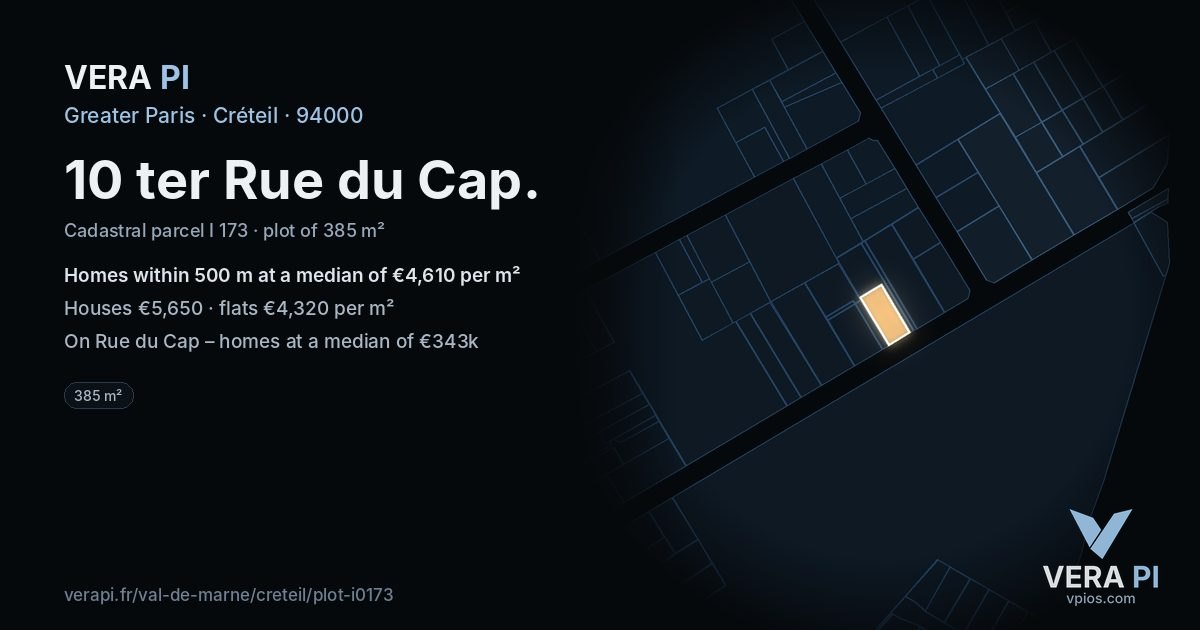 10 ter Rue du Cap, Créteil at night – the plot lit, the parcels around coloured by the prices near them