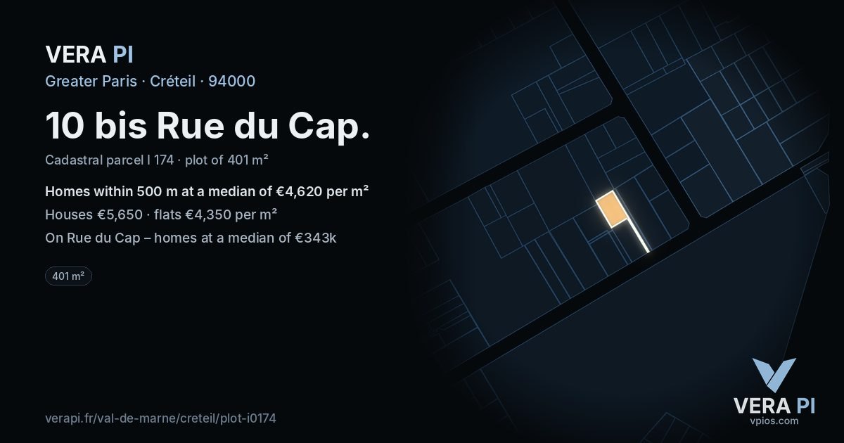 10 bis Rue du Cap, Créteil at night – the plot lit, the parcels around coloured by the prices near them