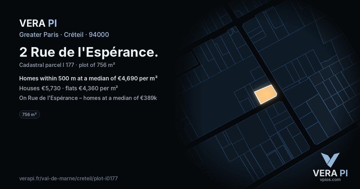 2 Rue de l'Espérance, Créteil at night – the plot lit, the parcels around coloured by the prices near them