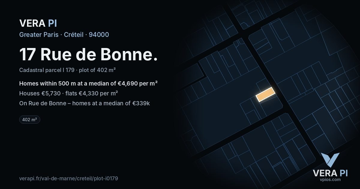 17 Rue de Bonne, Créteil at night – the plot lit, the parcels around coloured by the prices near them