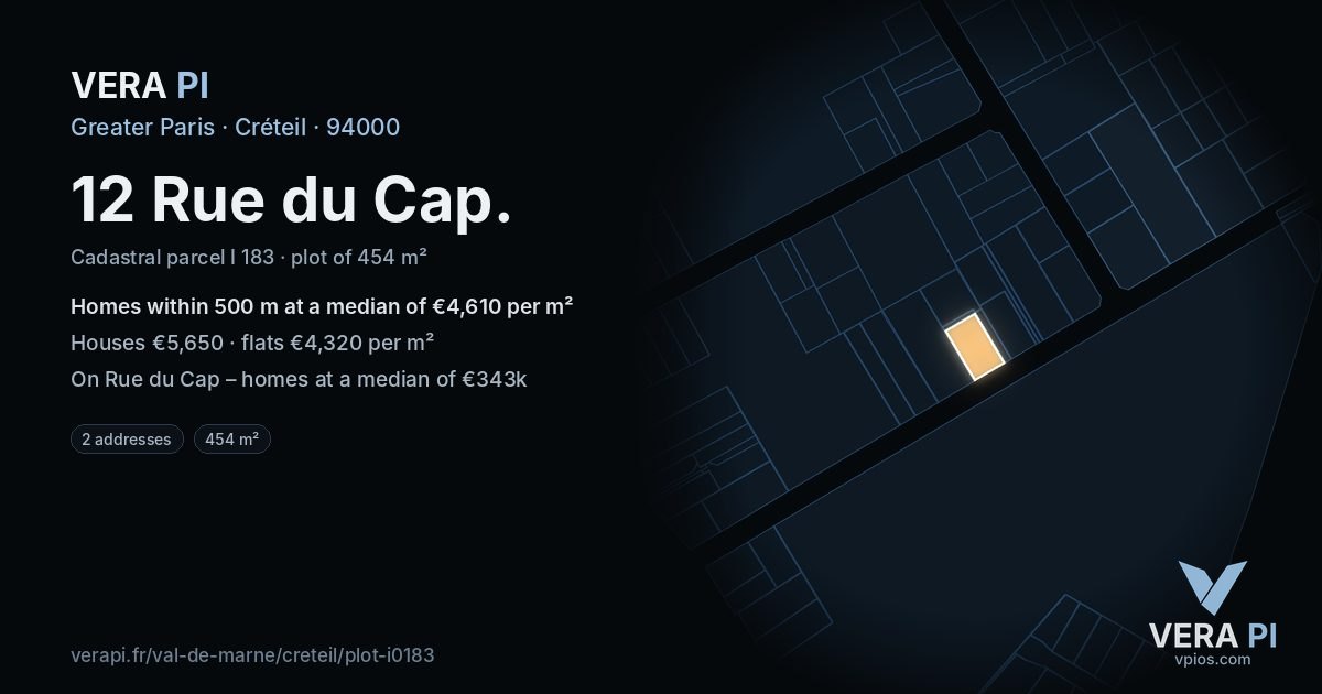 12 Rue du Cap, Créteil at night – the plot lit, the parcels around coloured by the prices near them