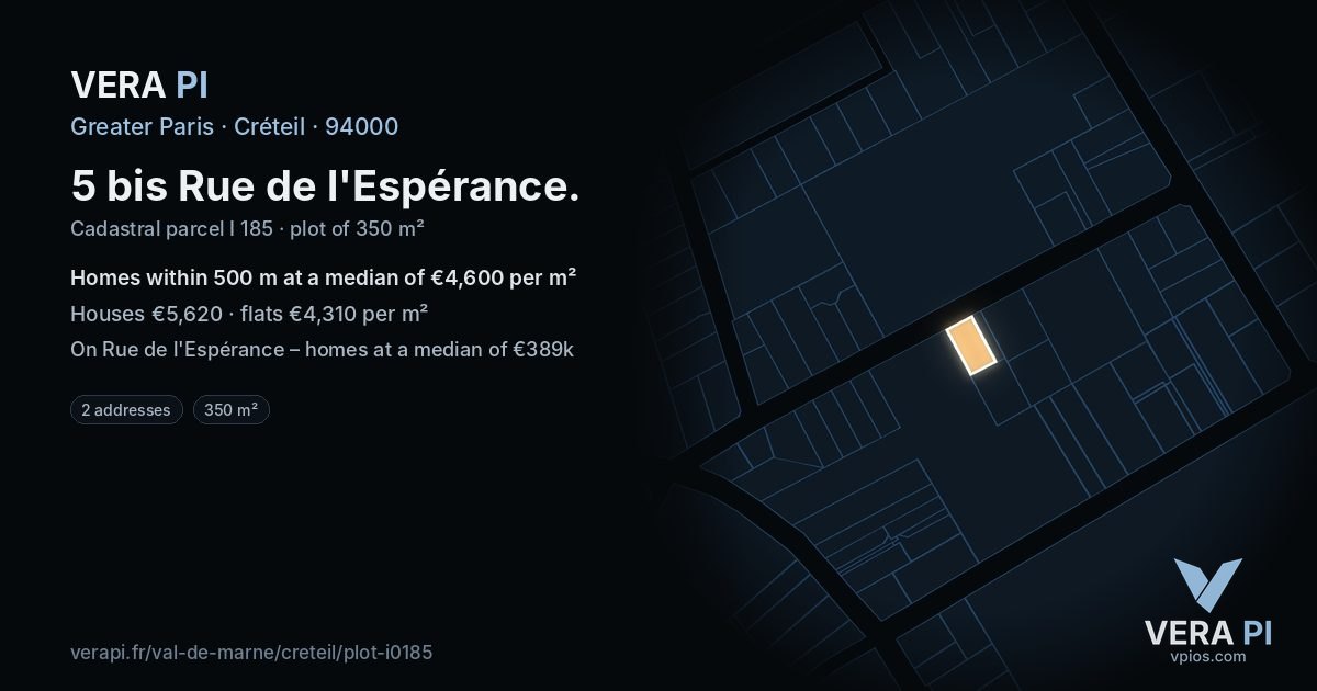 5 bis Rue de l'Espérance, Créteil at night – the plot lit, the parcels around coloured by the prices near them