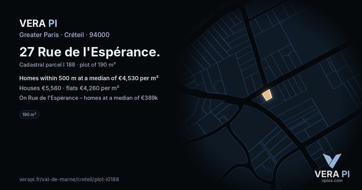 27 Rue de l'Espérance, Créteil at night – the plot lit, the parcels around coloured by the prices near them