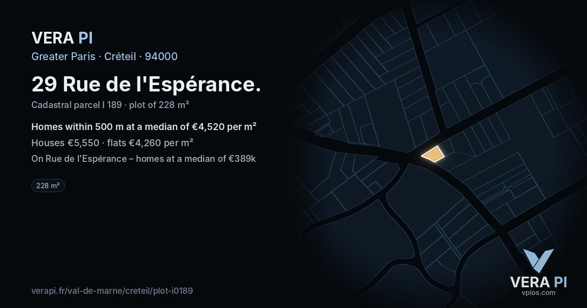 29 Rue de l'Espérance, Créteil at night – the plot lit, the parcels around coloured by the prices near them
