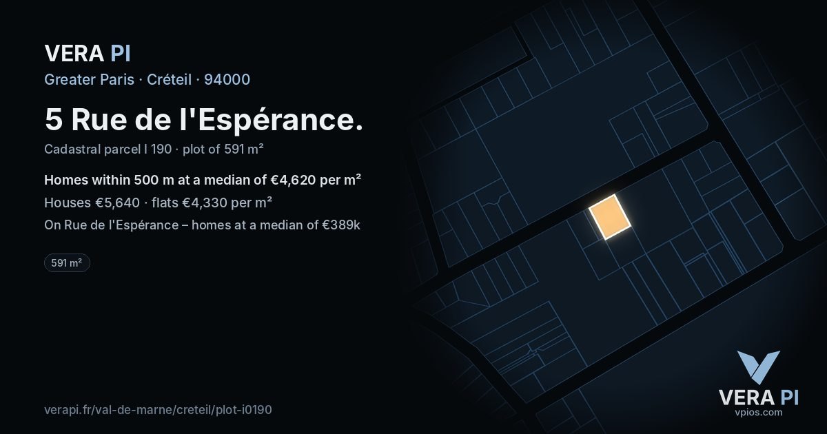 5 Rue de l'Espérance, Créteil at night – the plot lit, the parcels around coloured by the prices near them