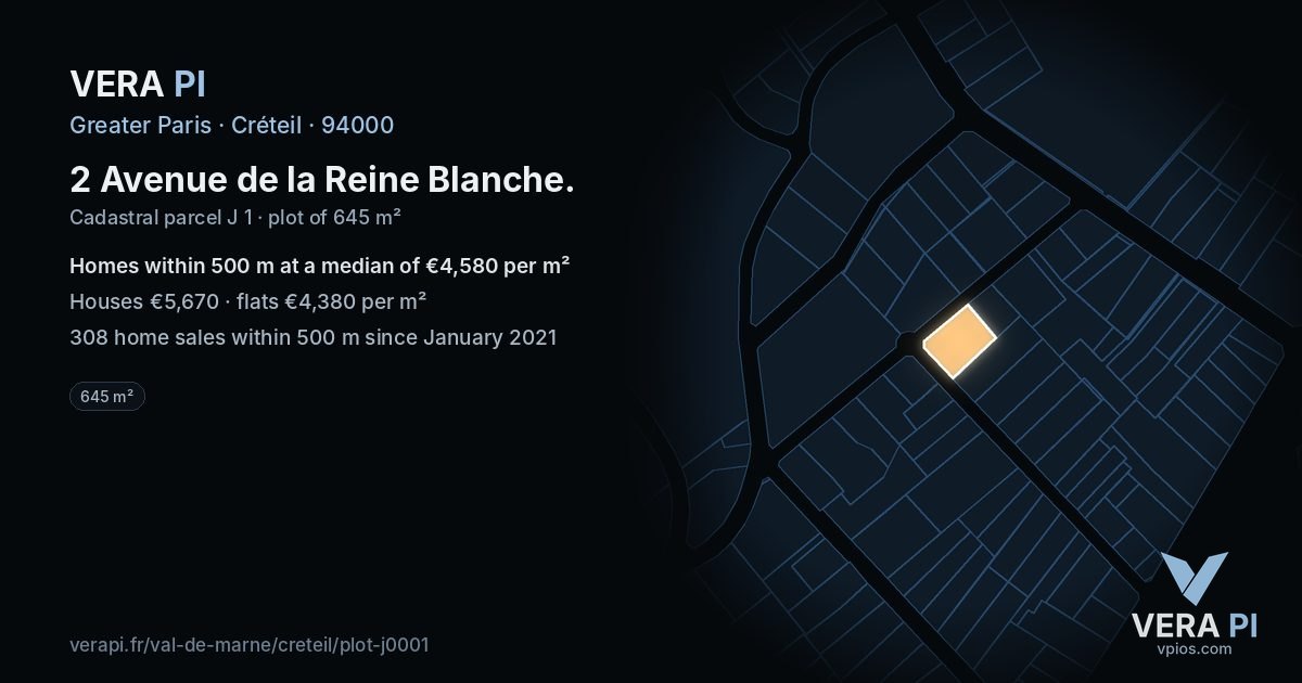 2 Avenue de la Reine Blanche, Créteil at night – the plot lit, the parcels around coloured by the prices near them