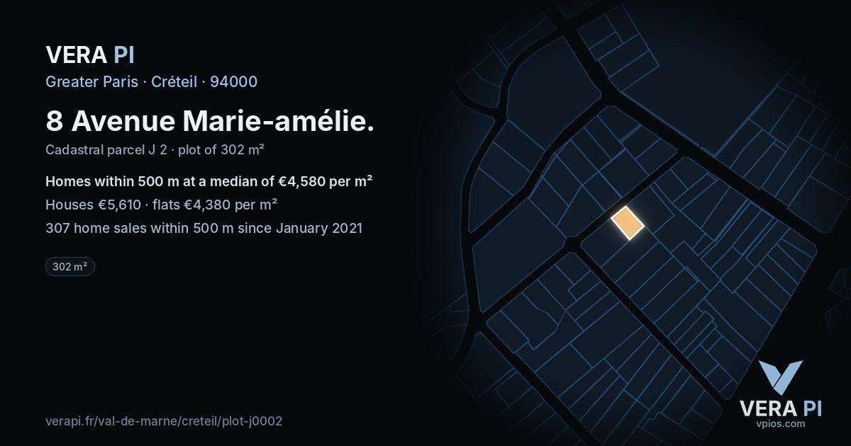 8 Avenue Marie-amélie, Créteil at night – the plot lit, the parcels around coloured by the prices near them