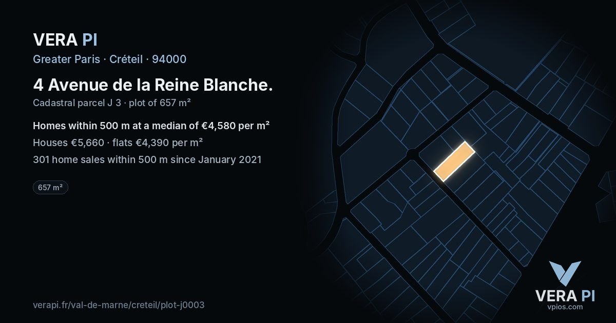 4 Avenue de la Reine Blanche, Créteil at night – the plot lit, the parcels around coloured by the prices near them