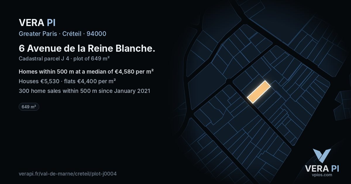 6 Avenue de la Reine Blanche, Créteil at night – the plot lit, the parcels around coloured by the prices near them