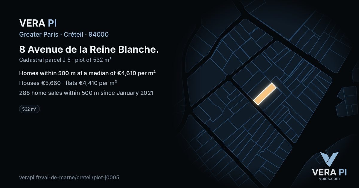 8 Avenue de la Reine Blanche, Créteil at night – the plot lit, the parcels around coloured by the prices near them