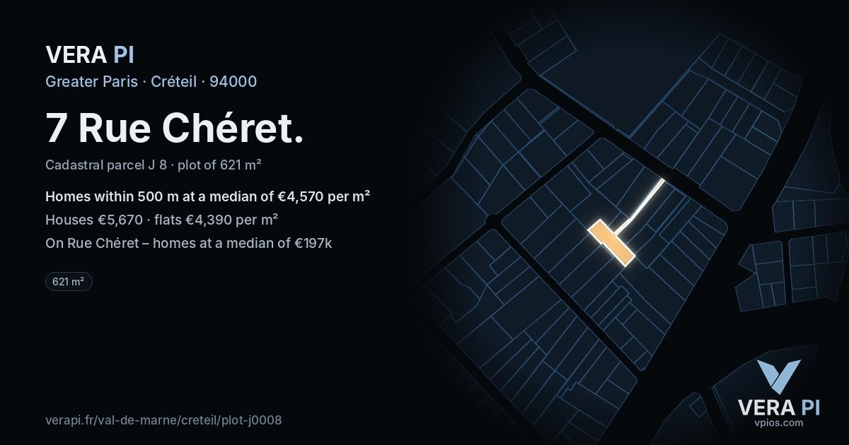 7 Rue Chéret, Créteil at night – the plot lit, the parcels around coloured by the prices near them