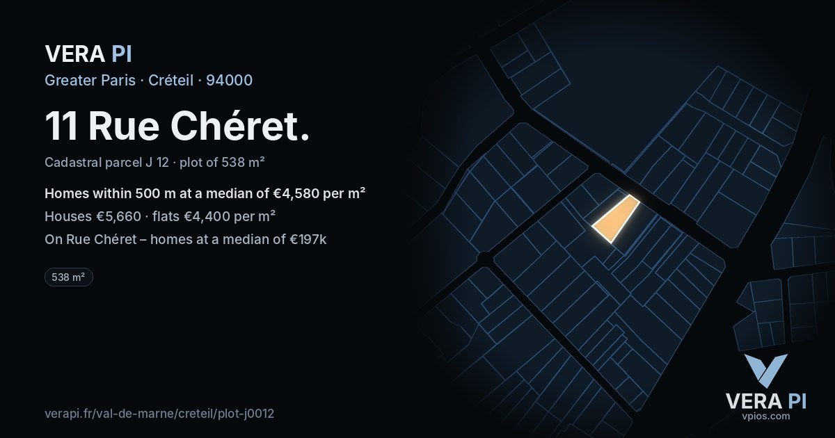 11 Rue Chéret, Créteil at night – the plot lit, the parcels around coloured by the prices near them