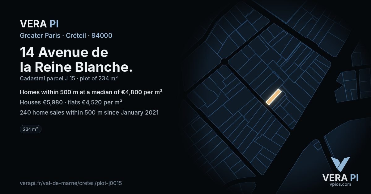 14 Avenue de la Reine Blanche, Créteil at night – the plot lit, the parcels around coloured by the prices near them