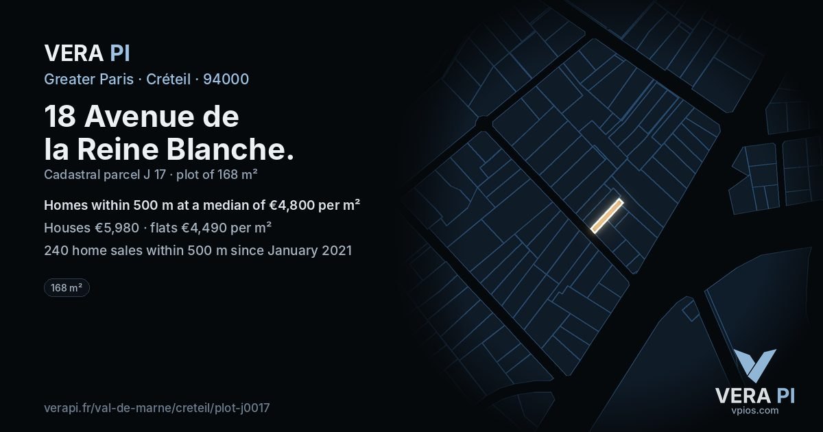 18 Avenue de la Reine Blanche, Créteil at night – the plot lit, the parcels around coloured by the prices near them