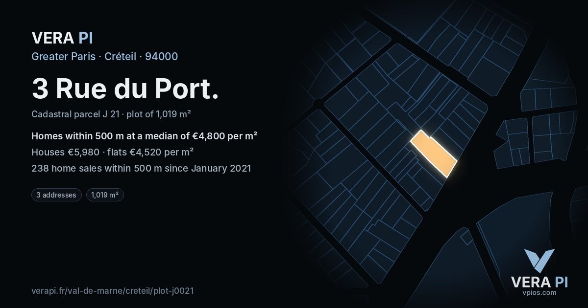 3 Rue du Port, Créteil at night – the plot lit, the parcels around coloured by the prices near them
