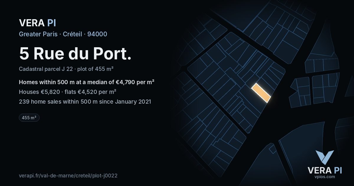 5 Rue du Port, Créteil at night – the plot lit, the parcels around coloured by the prices near them