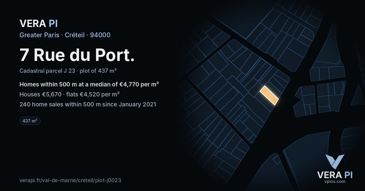 7 Rue du Port, Créteil at night – the plot lit, the parcels around coloured by the prices near them