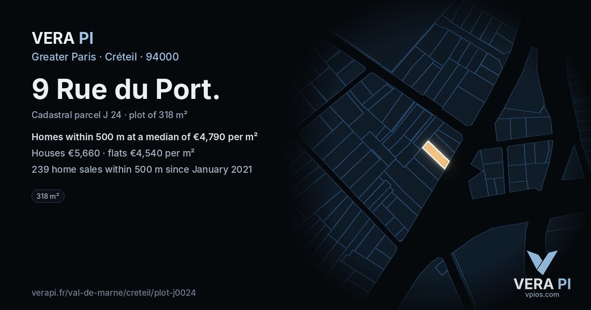 9 Rue du Port, Créteil at night – the plot lit, the parcels around coloured by the prices near them
