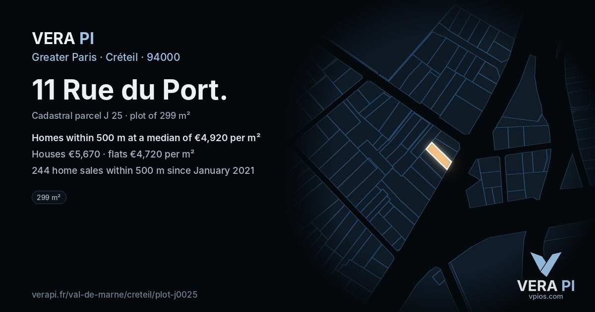 11 Rue du Port, Créteil at night – the plot lit, the parcels around coloured by the prices near them