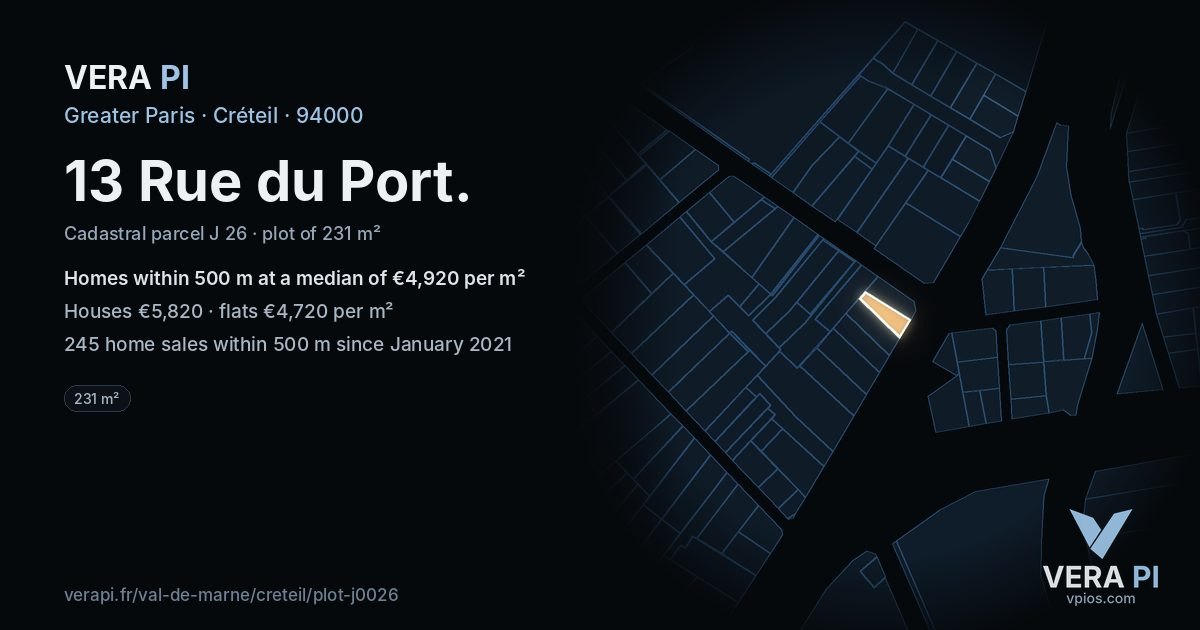 13 Rue du Port, Créteil at night – the plot lit, the parcels around coloured by the prices near them