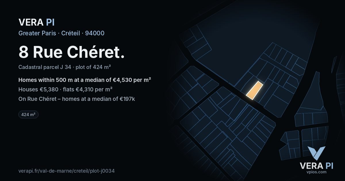 8 Rue Chéret, Créteil at night – the plot lit, the parcels around coloured by the prices near them