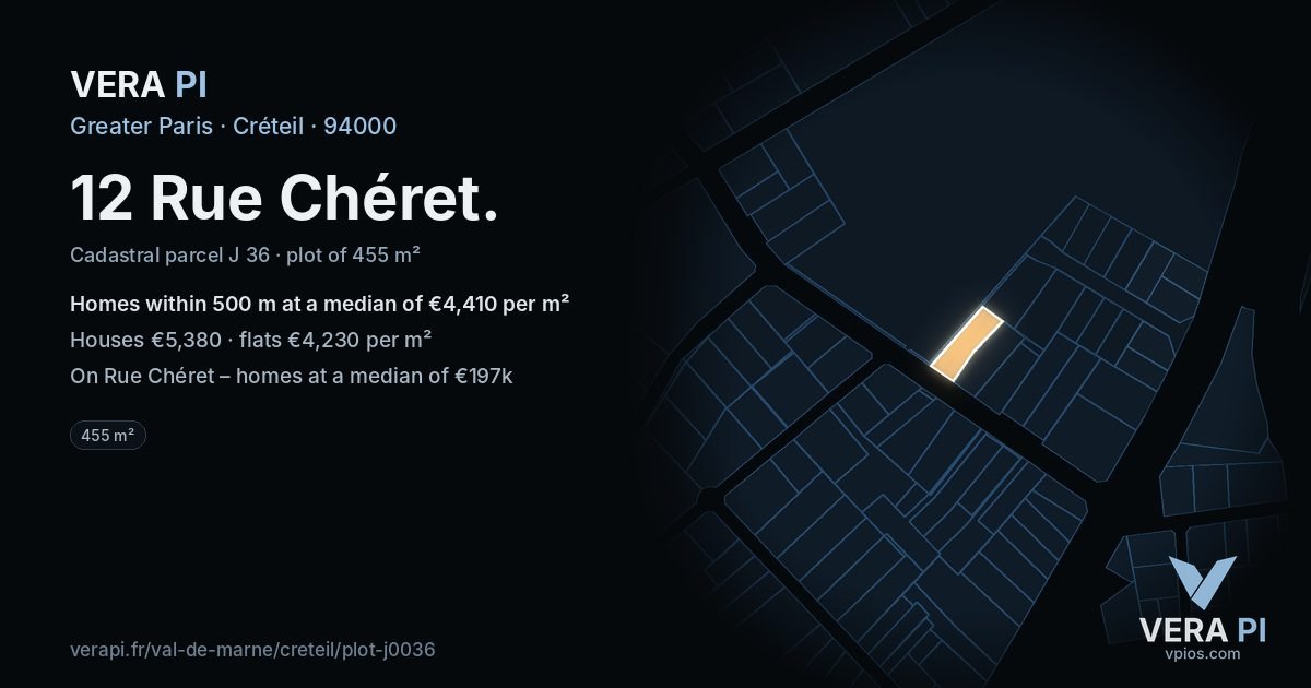 12 Rue Chéret, Créteil at night – the plot lit, the parcels around coloured by the prices near them