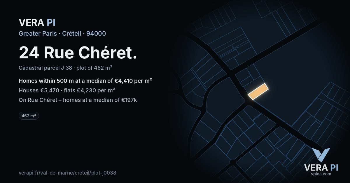 24 Rue Chéret, Créteil at night – the plot lit, the parcels around coloured by the prices near them