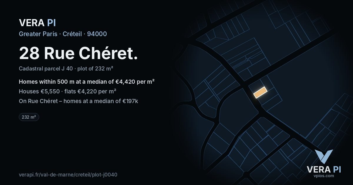28 Rue Chéret, Créteil at night – the plot lit, the parcels around coloured by the prices near them