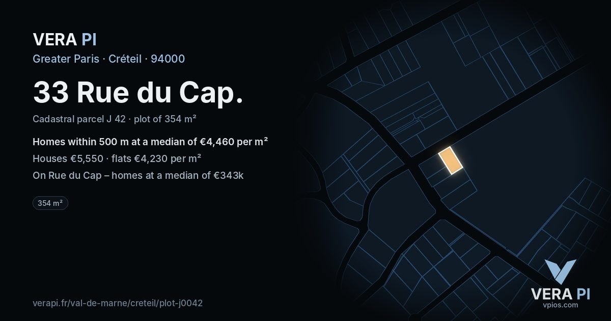 33 Rue du Cap, Créteil at night – the plot lit, the parcels around coloured by the prices near them