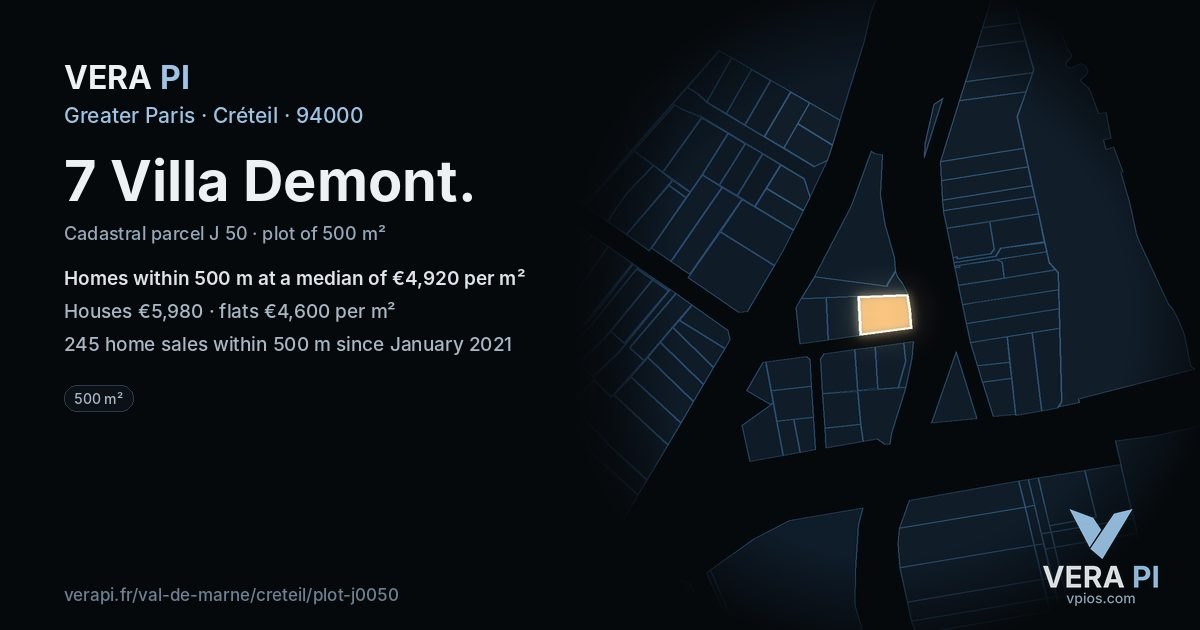 7 Villa Demont, Créteil at night – the plot lit, the parcels around coloured by the prices near them