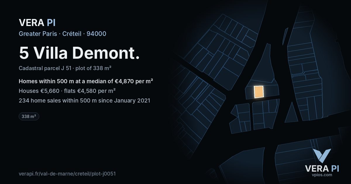 5 Villa Demont, Créteil at night – the plot lit, the parcels around coloured by the prices near them
