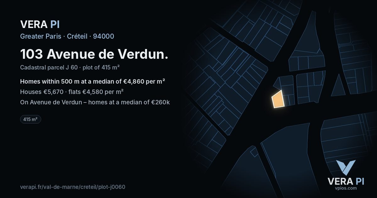 103 Avenue de Verdun, Créteil at night – the plot lit, the parcels around coloured by the prices near them