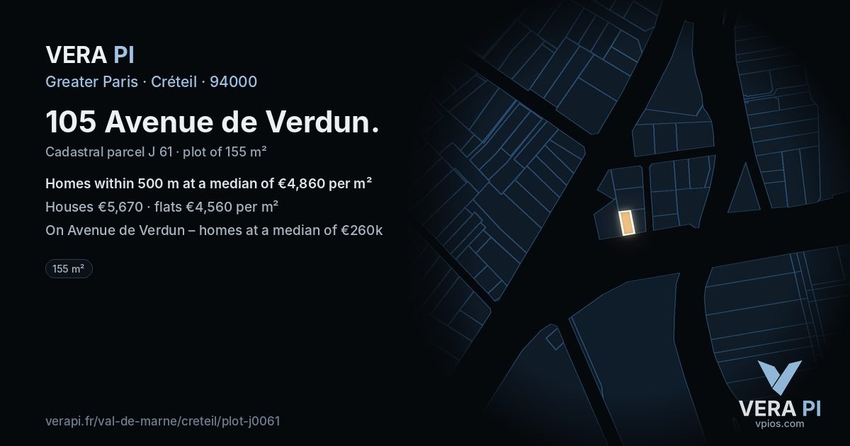 105 Avenue de Verdun, Créteil at night – the plot lit, the parcels around coloured by the prices near them