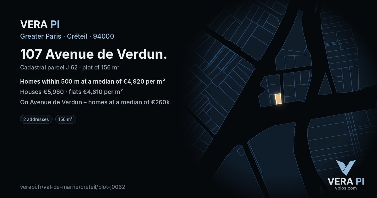 107 Avenue de Verdun, Créteil at night – the plot lit, the parcels around coloured by the prices near them