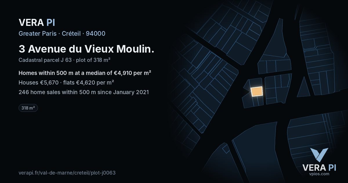 3 Avenue du Vieux Moulin, Créteil at night – the plot lit, the parcels around coloured by the prices near them
