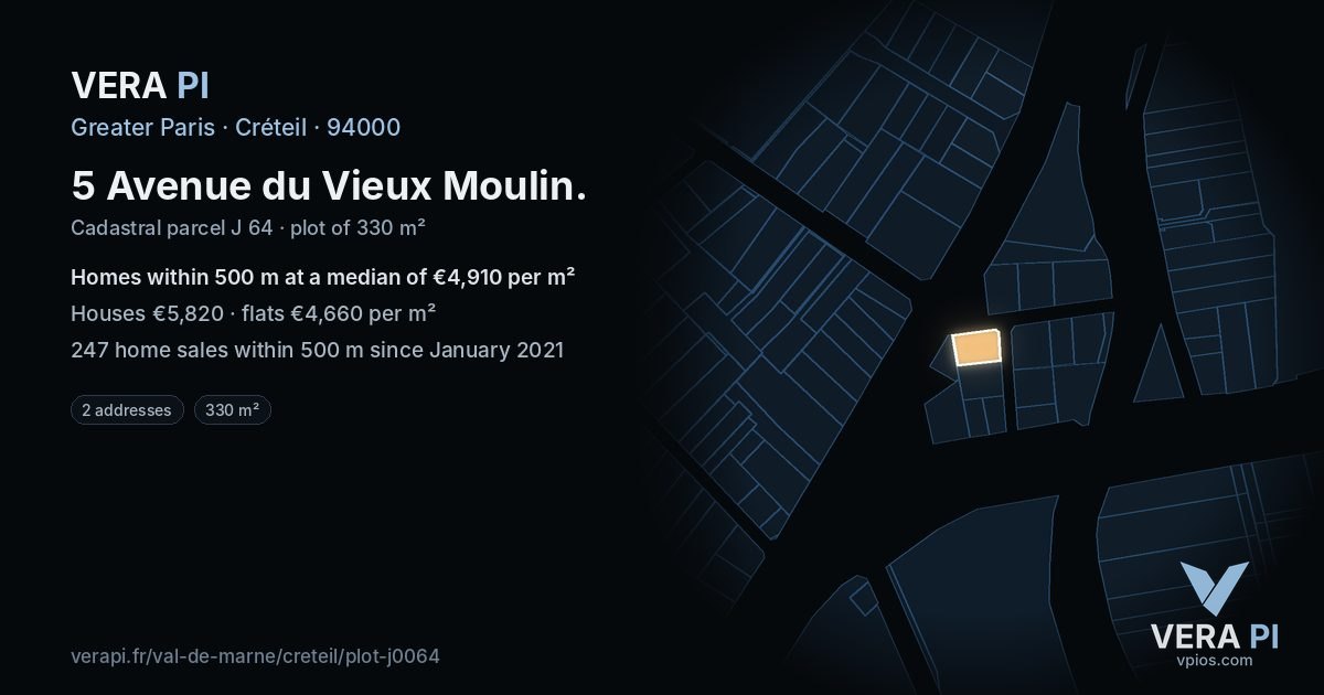 5 Avenue du Vieux Moulin, Créteil at night – the plot lit, the parcels around coloured by the prices near them