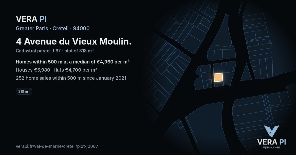 4 Avenue du Vieux Moulin, Créteil at night – the plot lit, the parcels around coloured by the prices near them