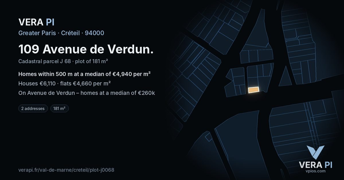 109 Avenue de Verdun, Créteil at night – the plot lit, the parcels around coloured by the prices near them